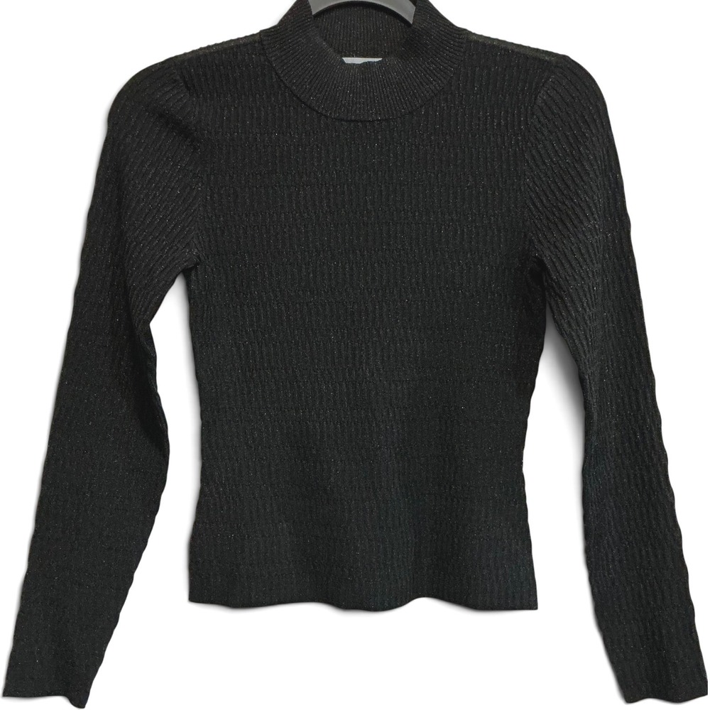 Veronica Beard Black Metallic Ribbed-Knit Mock Neck Sweater Small Long Sleeve